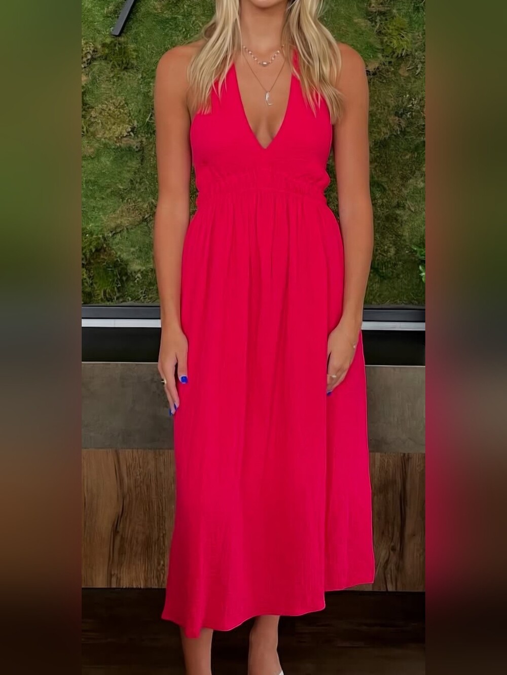 Steve Madden Cotton Gauze Pink Cranberry Halter V-Neck Midi Dress Women's Sz Med - Picture 6 of 11